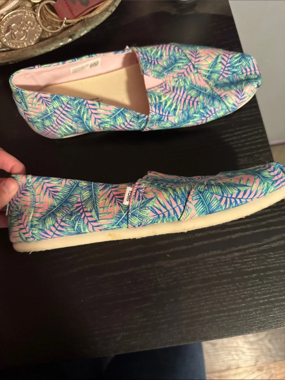 TOMS Tropical Leaf Canvas Slip-Ons in Pink and Blue - Picture 2 of 5
